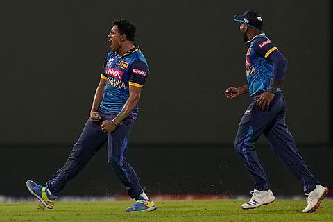 Maheesh Theekshana celebrates the wicket of Rishabh Pant